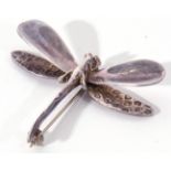 Vintage sterling dragonfly brooch with a plain polished and textured double wing design, 5 x 4.5cm
