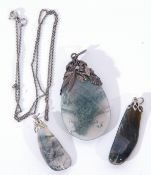 Mixed Lot: moss agate pear shaped pendant necklace, a moss agate drop pendant together with a banded