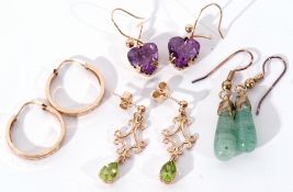 Mixed Lot: pair of 9ct gold amethyst heart shaped earrings, a pair of jade torpedo drop earrings,