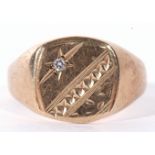 Gents signet ring, the barrel shaped panel part chased and engraved and highlighted with a small