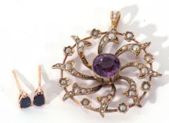 Mixed Lot: amethyst and seed pearl open work pendant centring a round cut amethyst, 8mm diam, in a