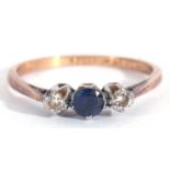 Small sapphire and diamond ring, centring a round sapphire between two small brilliant cut diamonds,