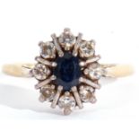 Sapphire and diamond cluster ring, the oval faceted sapphire 6 x 4mm within a round brilliant cut