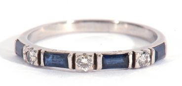 Precious metal, sapphire and diamond half hoop ring, alternate set with rectangular calibre cut