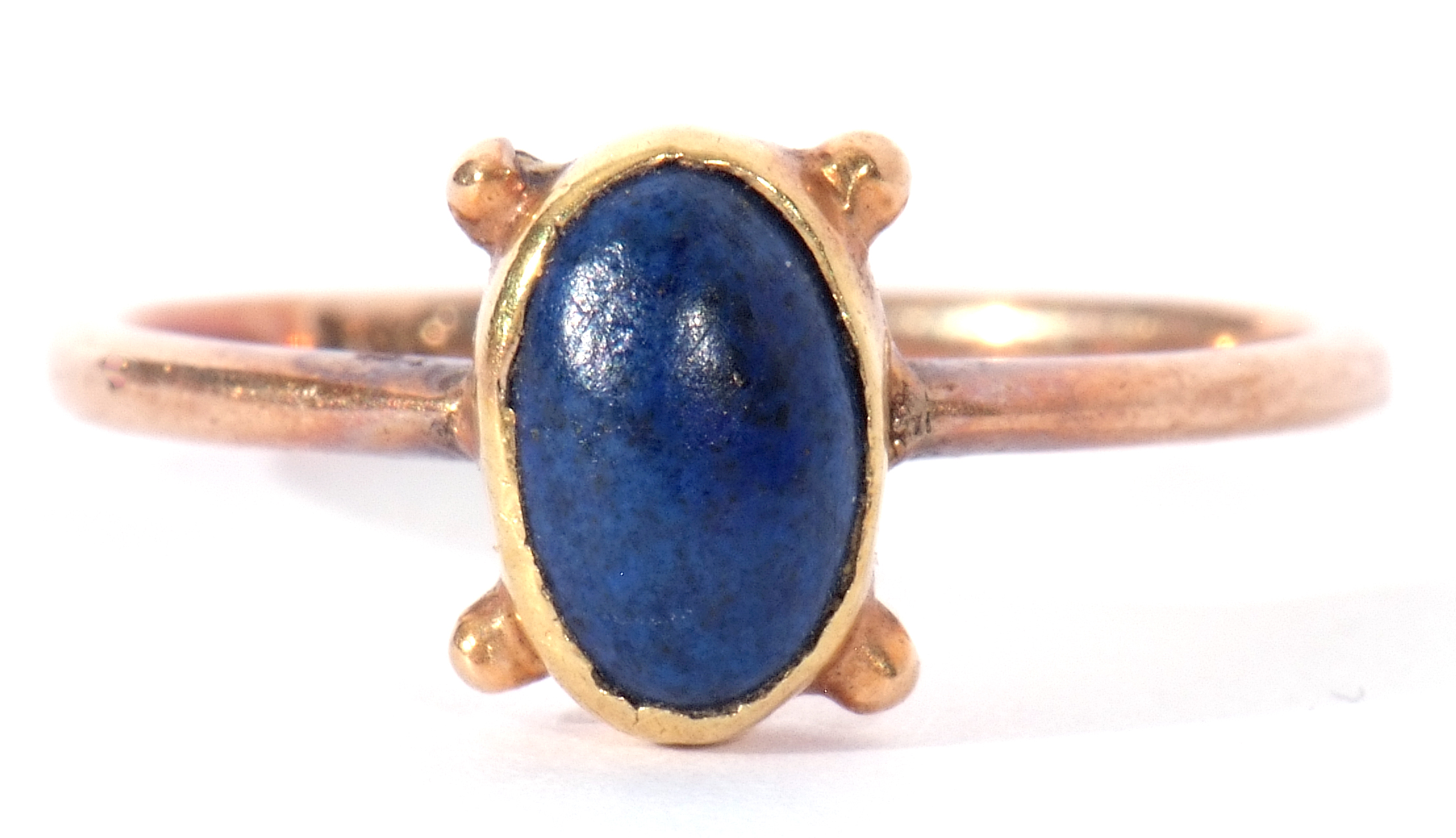 Vintage lapis lazuli set ring, 5 x 4mm, the oval stamped lapis bezel set in a plain polished and - Image 2 of 7