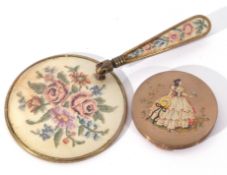 Vintage powder compact and vintage dressing table mirror, the verso with a needlework floral