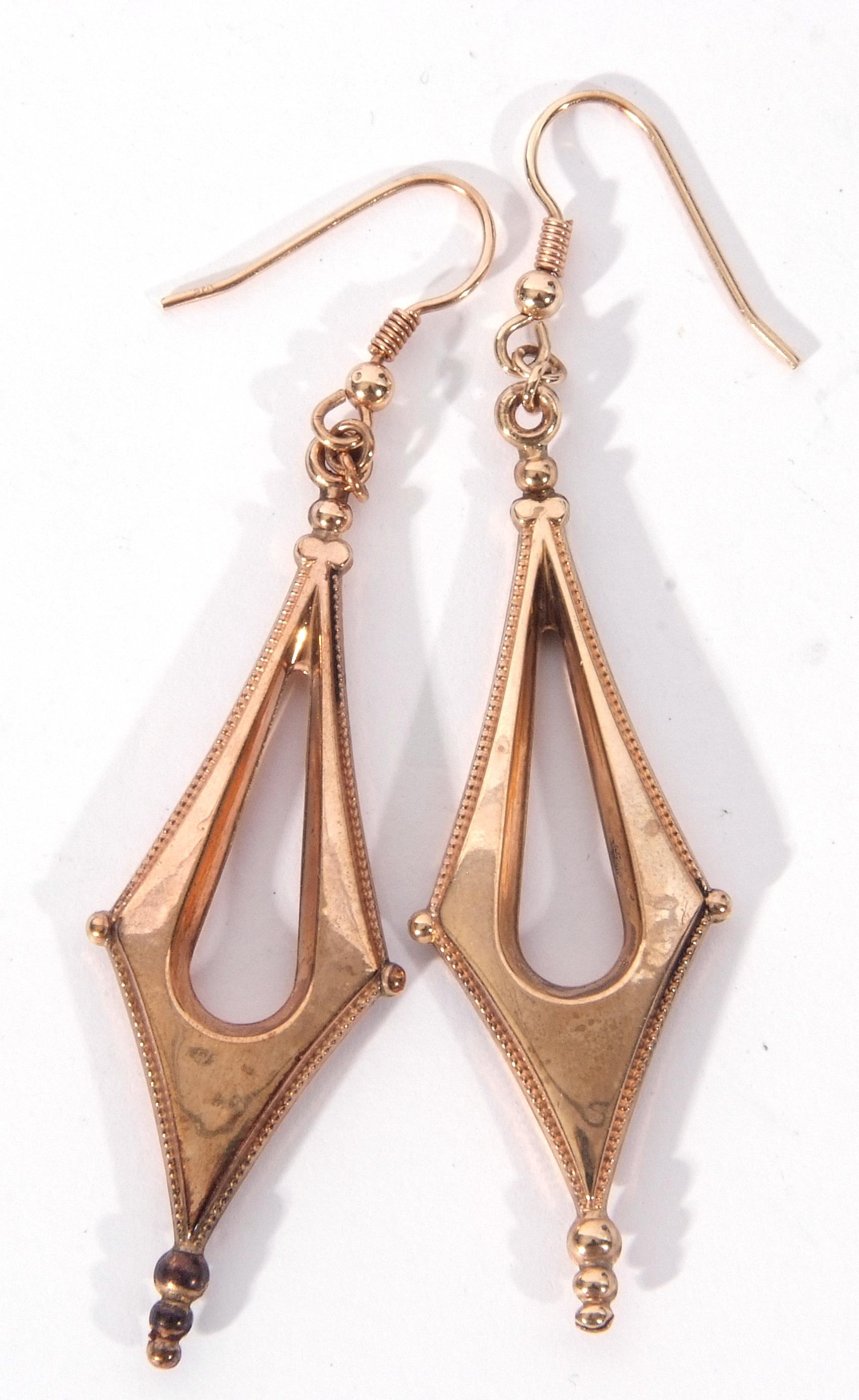 Pair of 375 stamped earrings of pierced lozenge form, 5cm long with shepherd hook fittings, 3gms - Image 2 of 3