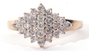 Modern 9ct gold and diamond cluster ring set with 25 small single cut diamonds of lozenge shape,