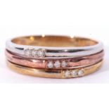 9ct tri-colour gold three band ring, each band set with three small diamonds, size R/S