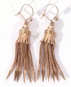 Pair of yellow metal tassel earrings, 4cm long, shepherd hook fittings, 7.4gms