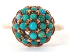 9ct gold turquoise set ring, a dome shaped design set with small cabochon turquoise (one missing),