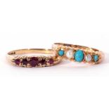 Mixed Lot: 9ct gold turquoise and pearl set ring, alternate set with three cabochon turquoises and