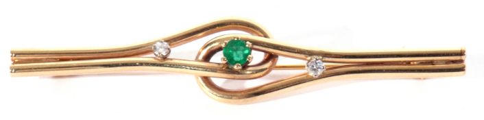9ct gold emerald and diamond brooch, a stylised twin tubular bar design centring a small mutli-