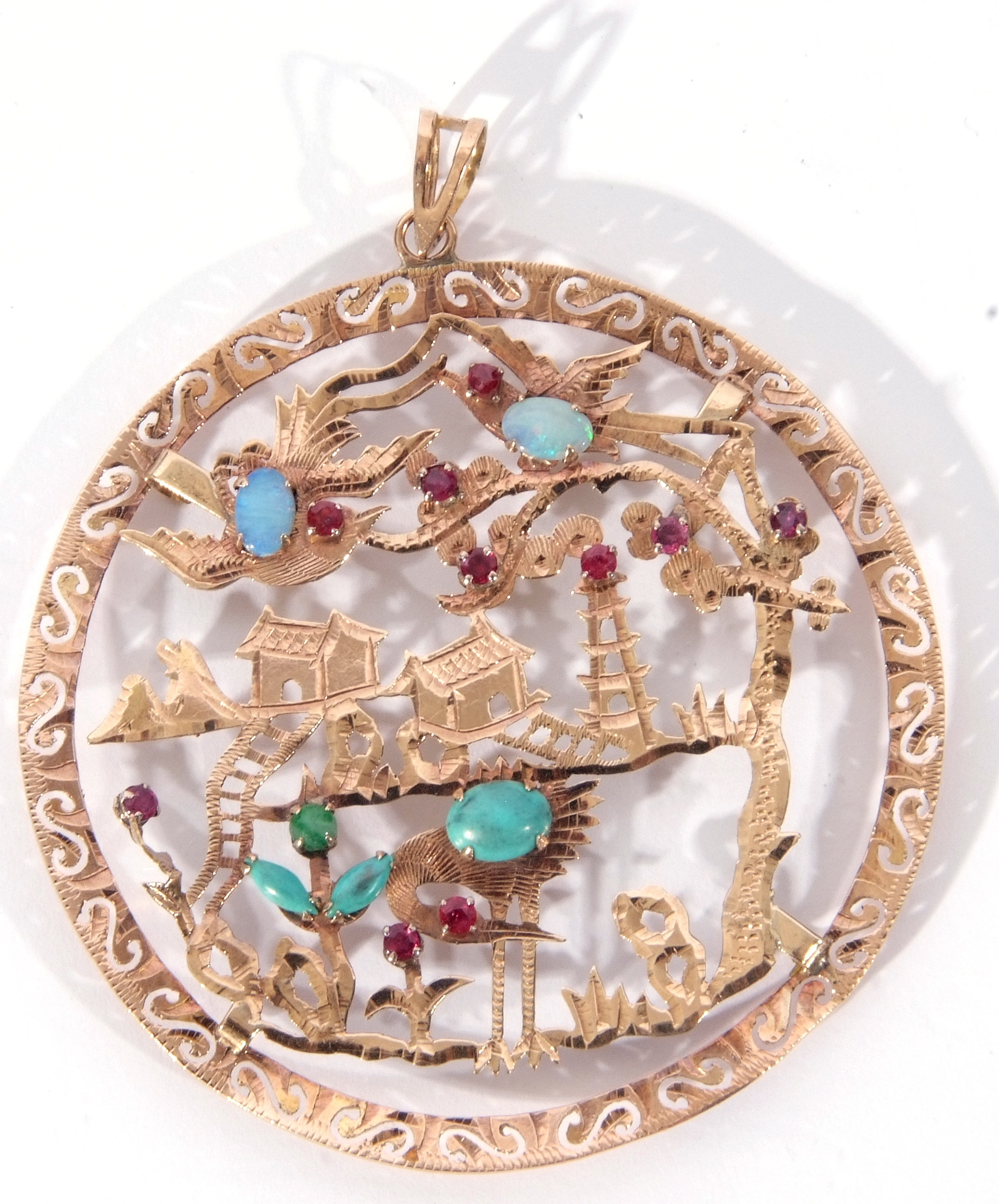 Large Chinese open work pendant, a pagoda landscape highlighted with opals, turquoises, rubies and - Image 3 of 4