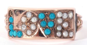 Antique turquoise and seed pearl 'Love' ring, a design featuring alternate letters set with small