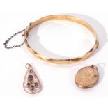 Mixed Lot: rolled gold hinged bracelet, a 9ct gold back and front oval locket, together with an open