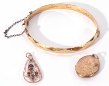 Mixed Lot: rolled gold hinged bracelet, a 9ct gold back and front oval locket, together with an open