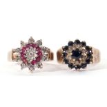 Mixed Lot: 9ct gold diamond and ruby cluster ring, Birmingham 1980, size N, together with a sapphire