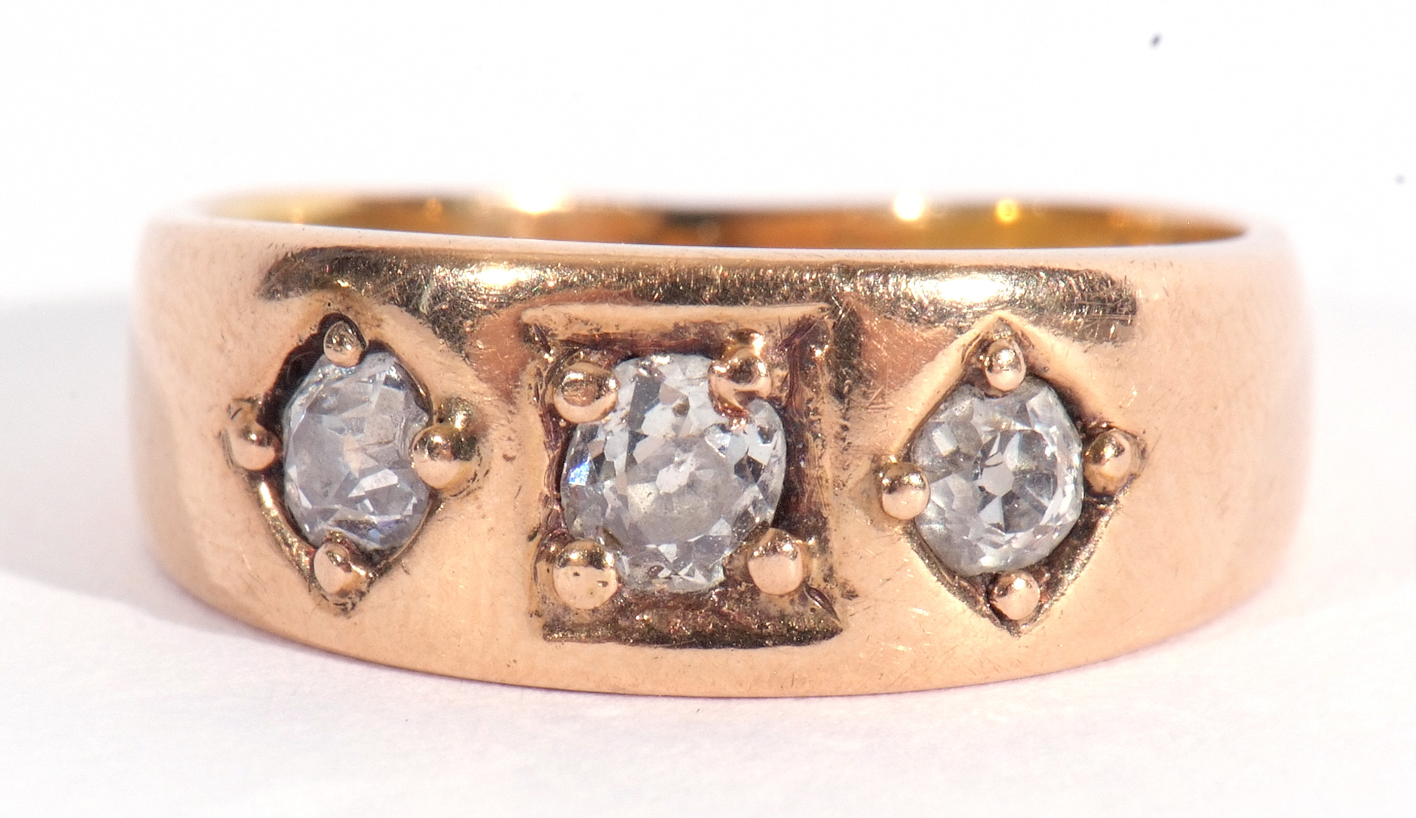 Antique three stone diamond ring featuring three graduated old cut diamonds, each individually in - Image 2 of 7