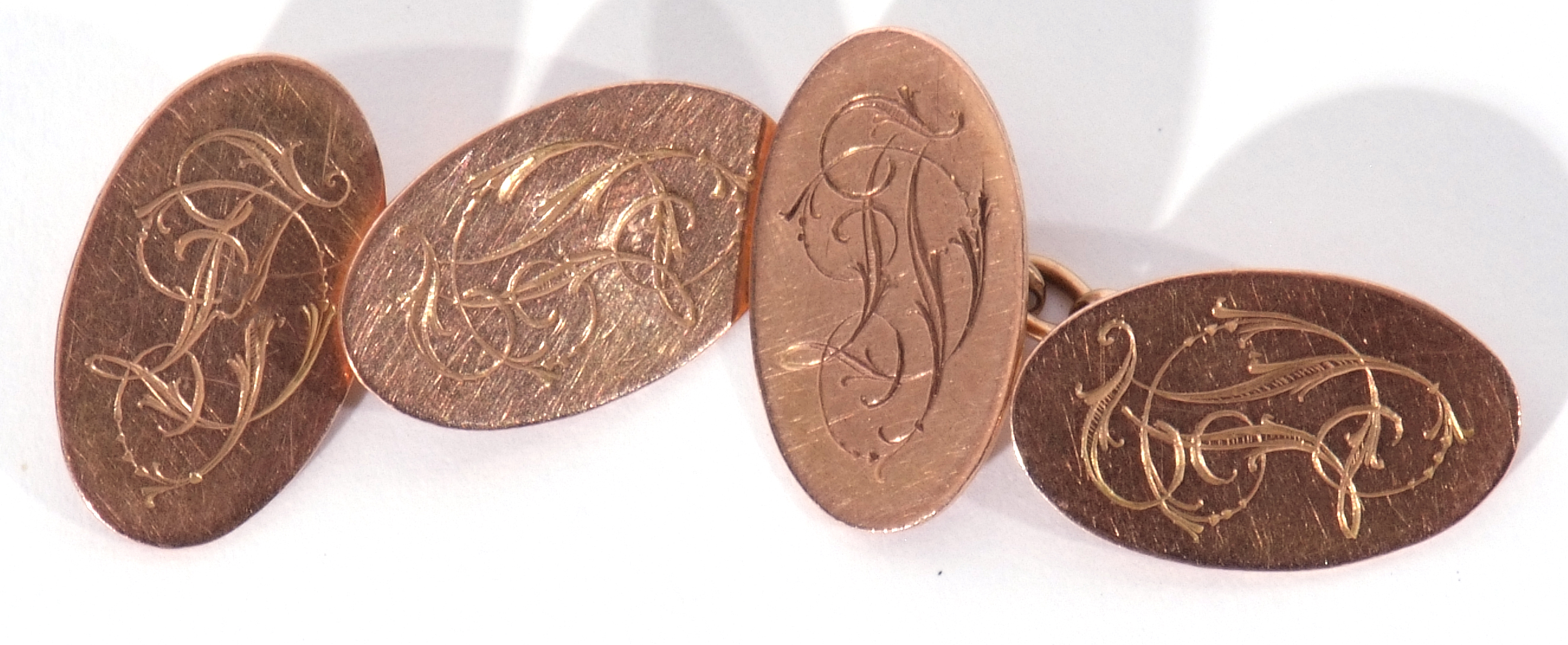 Pair of 9ct gold cuff links, oval shaped, each panel engraved with a monogram, chain connectors, - Image 2 of 3