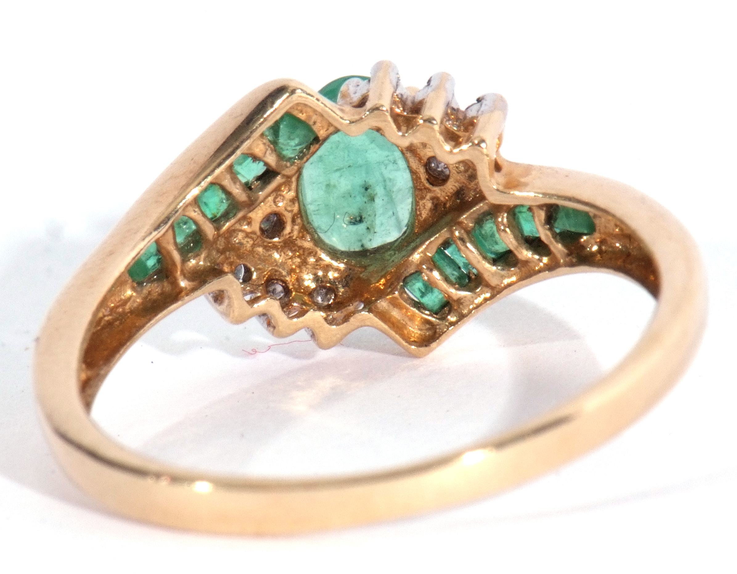 Modern 10K stamped diamond and synthetic emerald cluster ring, centring an oval faceted stone - Image 4 of 7