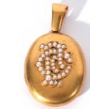 Victorian oval gold hinged locket, the front applied with a seed pearl decorated monogram, the verso