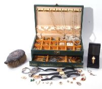 Green leatherette jewellery box and contents, costume brooches, necklaces, earrings etc