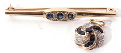 Mixed Lot: A 9ct gold sapphire and diamond brooch, 5 cm long together with a 9ct gold sapphire and