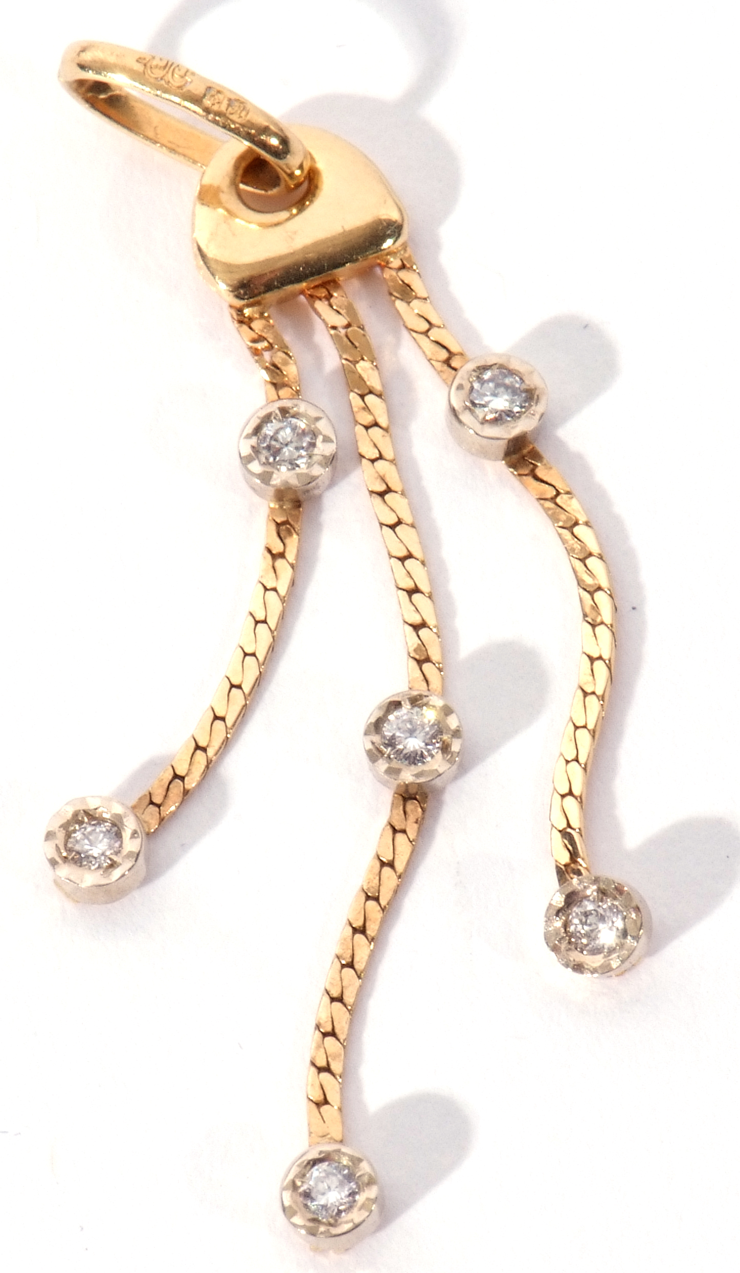 750 stamped diamond drop pendant, a design with three graduated chains, each with two small bezel - Image 3 of 4