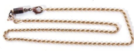 9kt stamped rope twist design chain, with a later barrel shaped metal magnetic clasp, g/w 9.7gms