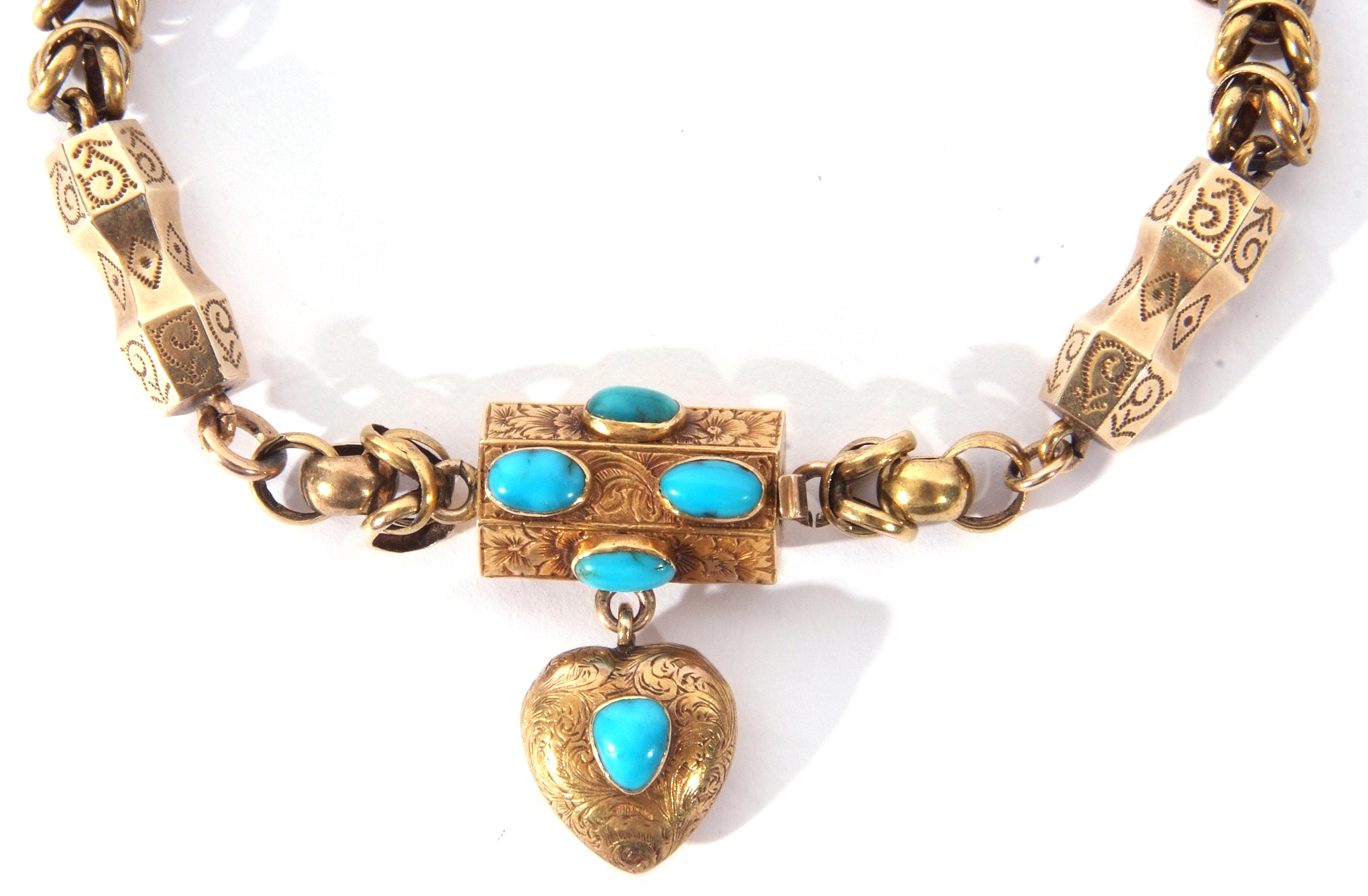 Victorian gold turquoise set bracelet, the engraved and chased clasp set drop with four oval - Image 2 of 5