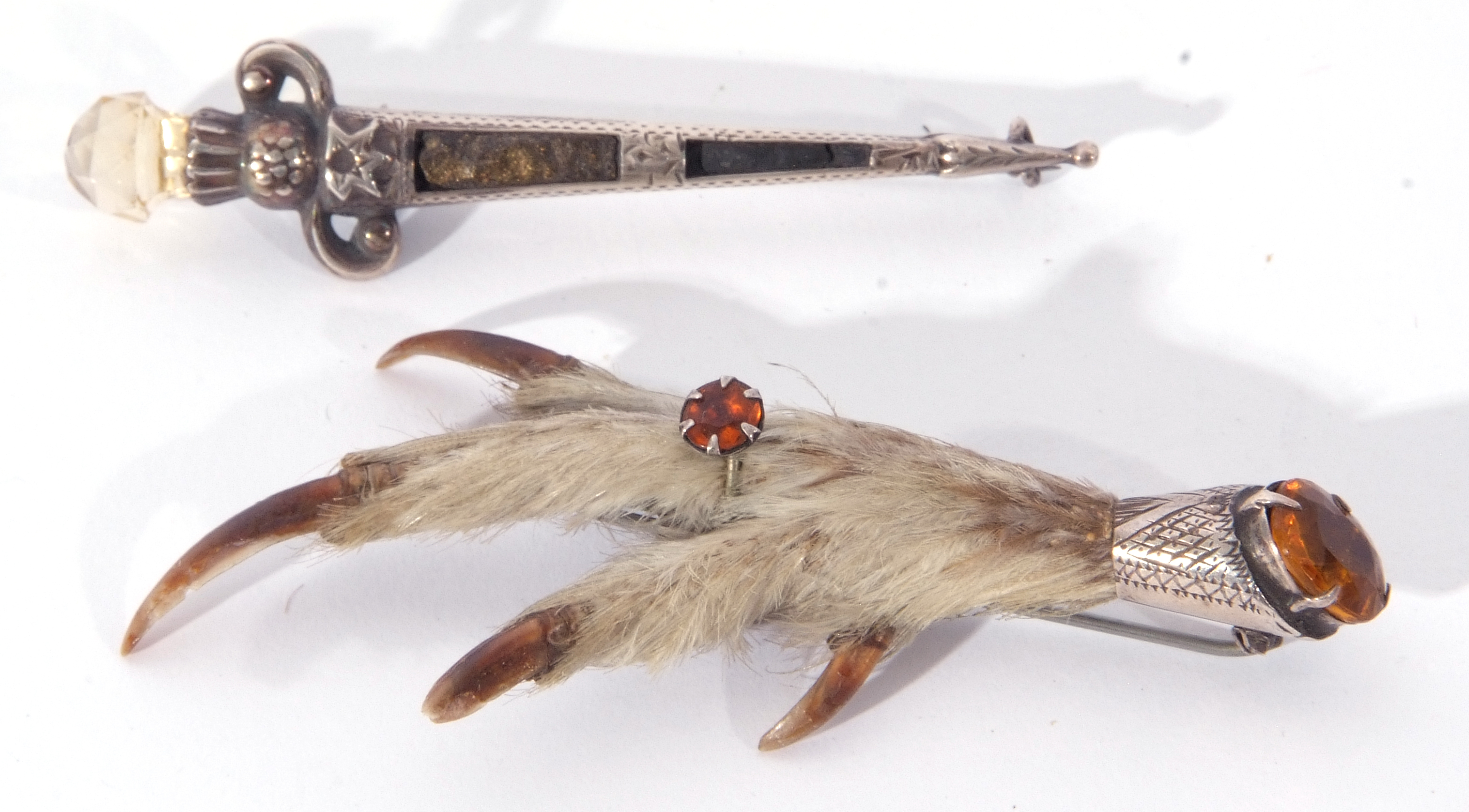 Mixed Lot: vintage white metal Scottish grouse foot claw pin brooch, together with a Scottish silver