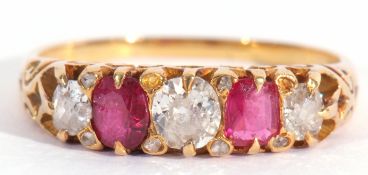 Antique diamond and ruby five stone ring, alternate set with graduated old cut diamonds and two oval