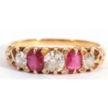 Antique diamond and ruby five stone ring, alternate set with graduated old cut diamonds and two oval