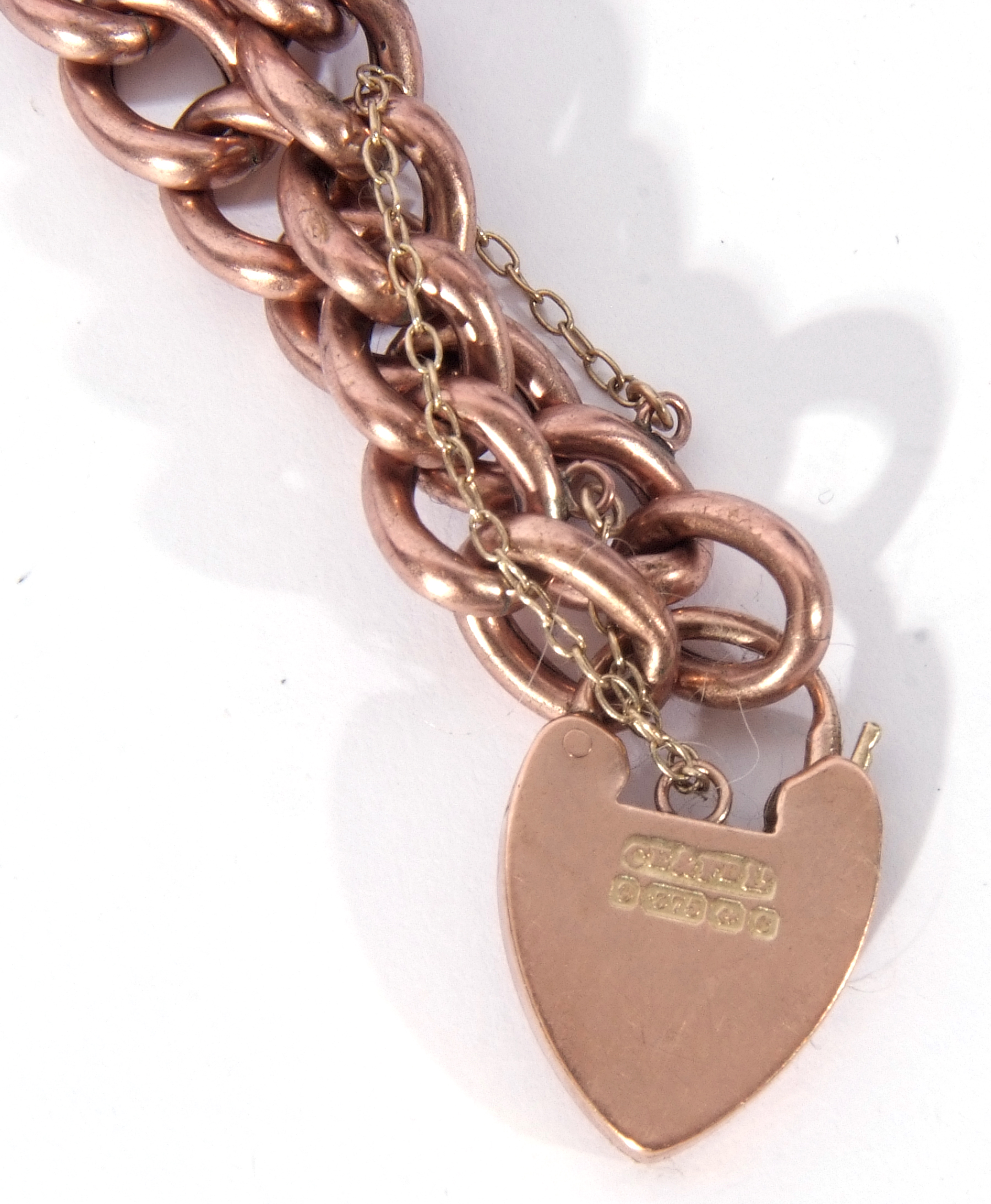 Antique 9ct gold curb link bracelet, rose coloured, heart and safety chain fitting, 14.3gms - Image 3 of 3