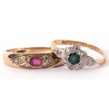 Mixed Lot: 9ct gold ruby and diamond set ring, size O, together with a diamond and green paste set