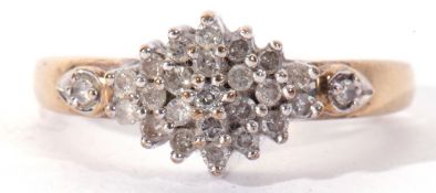 Modern 9ct gold and diamond cluster ring, a design with three graduated tiers of small diamonds,