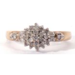 Modern 9ct gold and diamond cluster ring, a design with three graduated tiers of small diamonds,