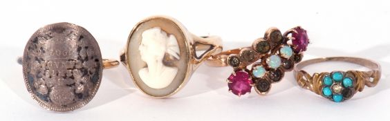 Mixed Lot: vintage cameo ring, stamped 9ct, a Canadian 1907 5c coin ring, stamped 14K, a 10K