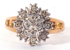 18ct gold and diamond cluster ring, a flower head design featuring two tiers of small diamonds in