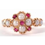 14ct gold seed pearl and ruby cluster ring, the cluster with four small pearls highlighted with five