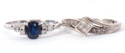 Mixed Lot: precious metal diamond ring set with four small princess cut diamonds and having a