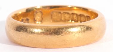 22ct gold wedding ring of plain polished design, engraved with initials and dated 25, Glasgow