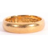 22ct gold wedding ring of plain polished design, engraved with initials and dated 25, Glasgow