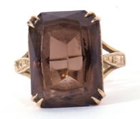 9ct gold and smoky quartz dress ring, the rectangular shaped quartz 15 x 10mm, basket set, size M