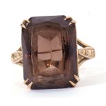 9ct gold and smoky quartz dress ring, the rectangular shaped quartz 15 x 10mm, basket set, size M
