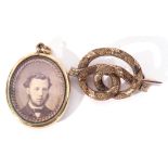 Mixed Lot: antique gold plated pendant mourning locket of oval shape, glazed photograph panel, the