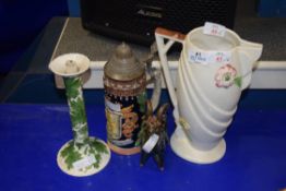 MIXED LOT COMPRISING A GERMAN BEER STEIN, PORTUGUESE CANDLESTICK, ART POTTERY MODEL RAM AND AN ART