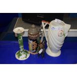 MIXED LOT COMPRISING A GERMAN BEER STEIN, PORTUGUESE CANDLESTICK, ART POTTERY MODEL RAM AND AN ART