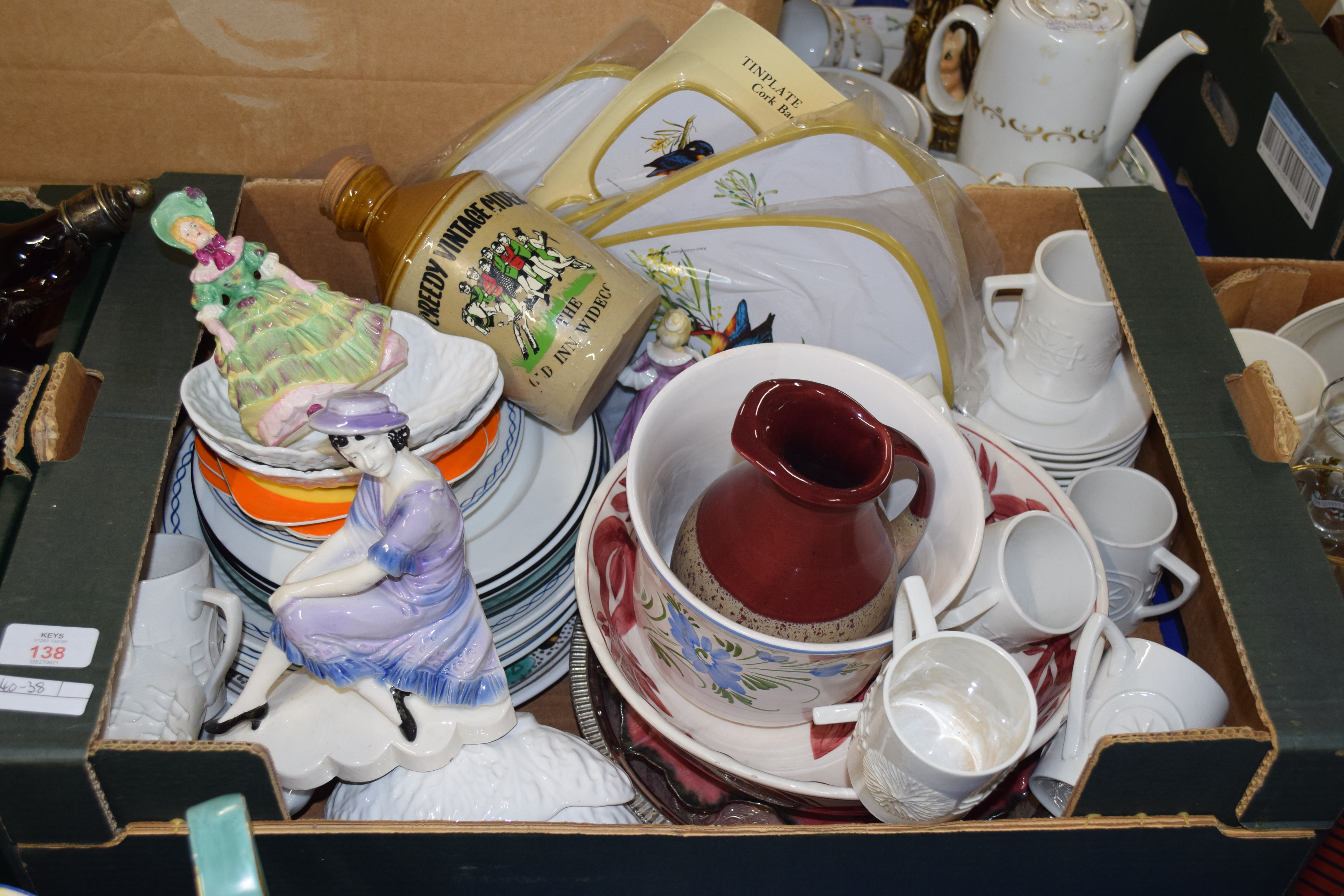BOX OF MIXED ITEMS TO INCLUDE PORTMEIRION TOTEM CUPS AND SAUCERS, FIGURINES ETC